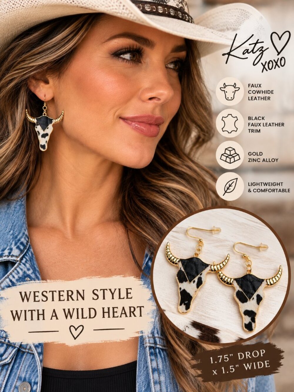 Cowhide Longhorn Earrings Black White Cow Print Boho Western Cowgirl Dangle Gold